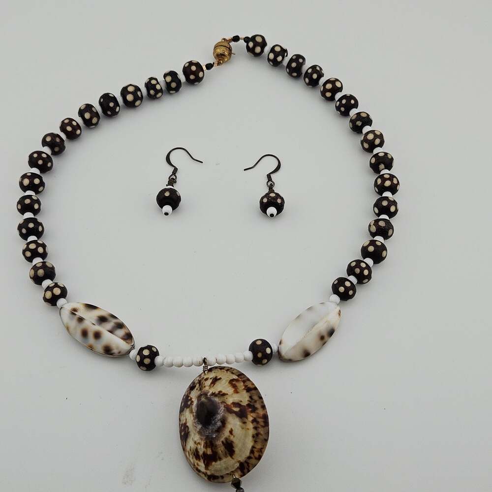Beaded Shell Necklace & Earring Set Neutral Black Tan Brown Surfer Hippie Boho